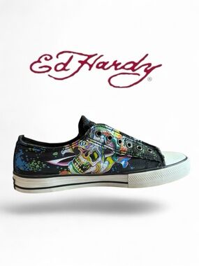 Ed Hardy Distressed Skull Dagger Laceless Low-Top Canvas Sneakers - Size 9